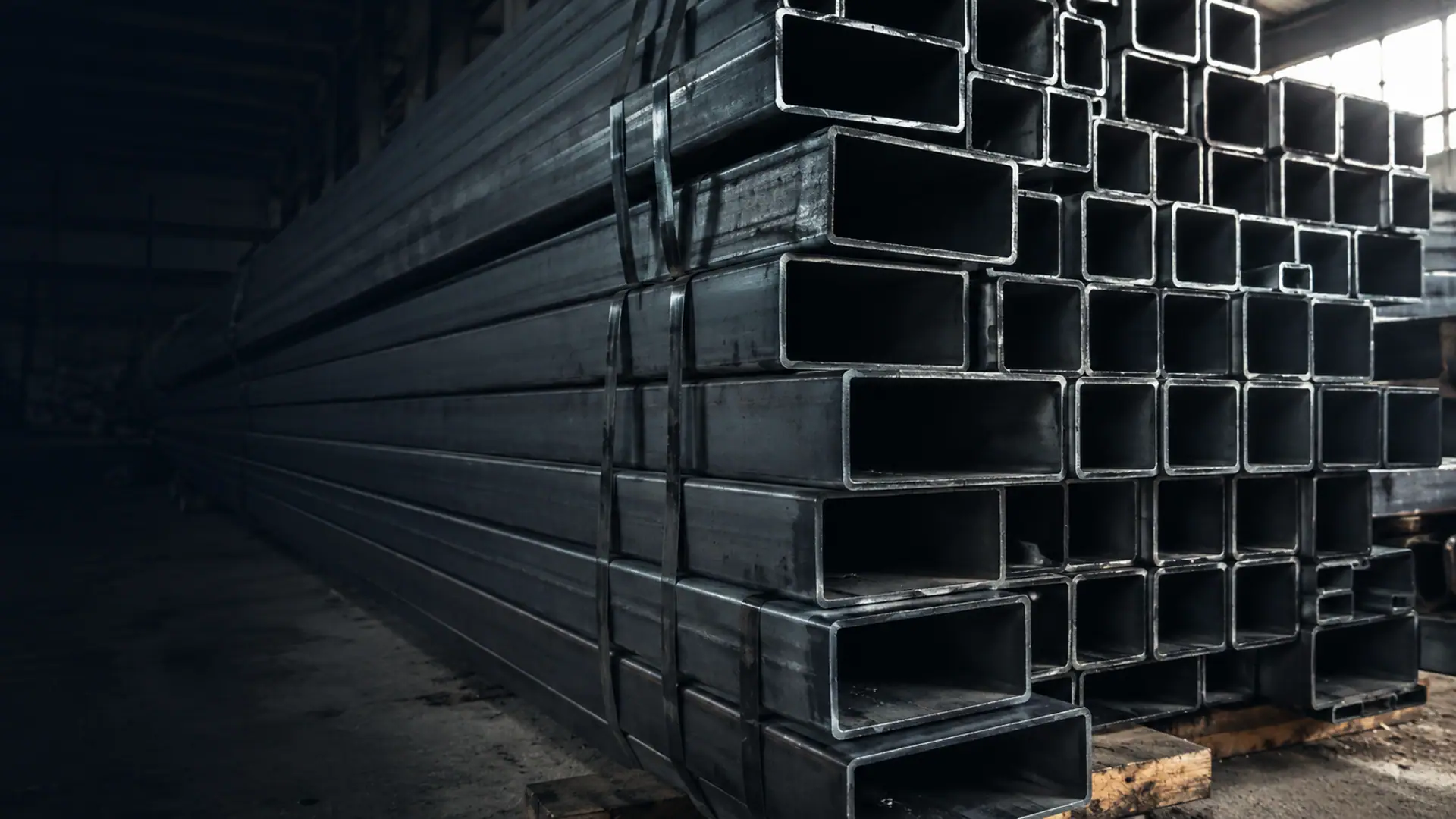 Feixes de metalon e tubo estrutural quadrado empilhados em estoque